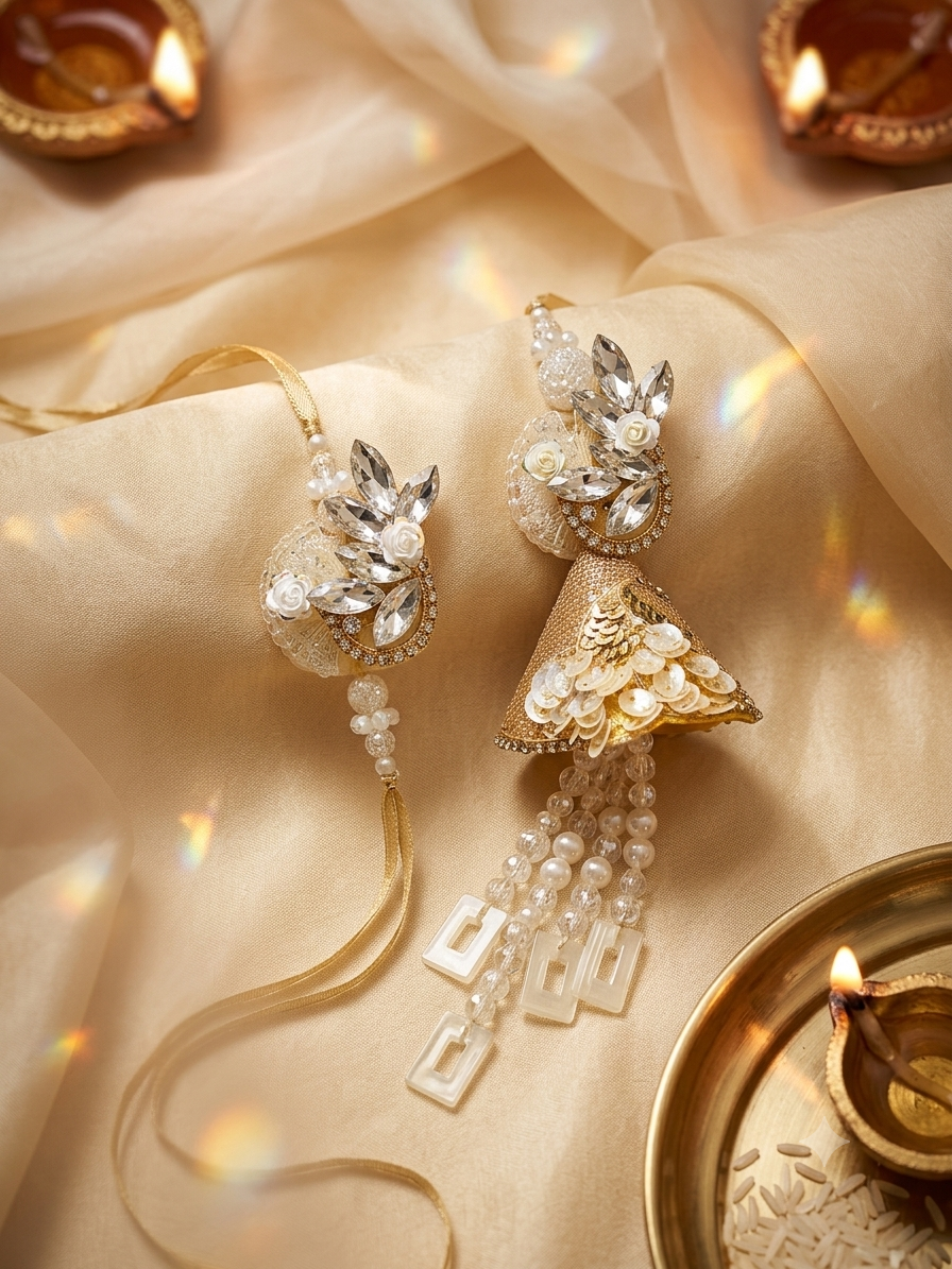 Gold & Crystal Leaf Designer Rakhi Lumba Set