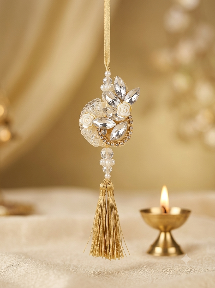 Gold & Crystal Leaf Designer Rakhi Lumba Set