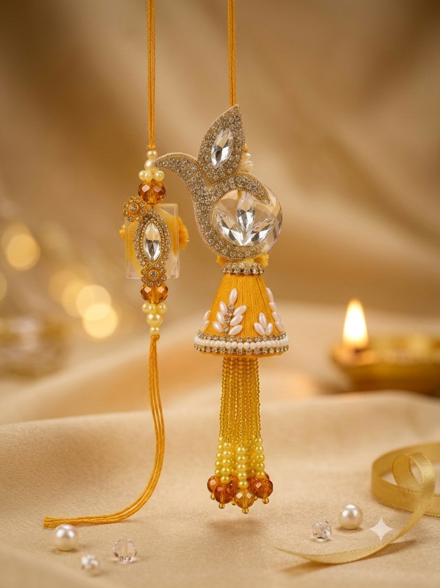 Crystal & Pearl Designer Yellow Rakhi Lumba Set