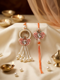 Orange Pearl & Crystal Bhaiya Bhabhi Rakhi Set