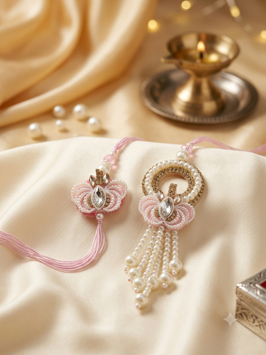 Pink Pearl & Crystal Bhaiya Bhabhi Rakhi Set