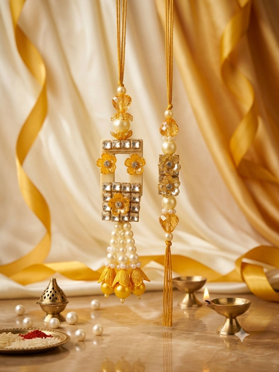 Kundan Bhaiya Bhabhi Rakhi Set – Yellow Pearl & Crystal