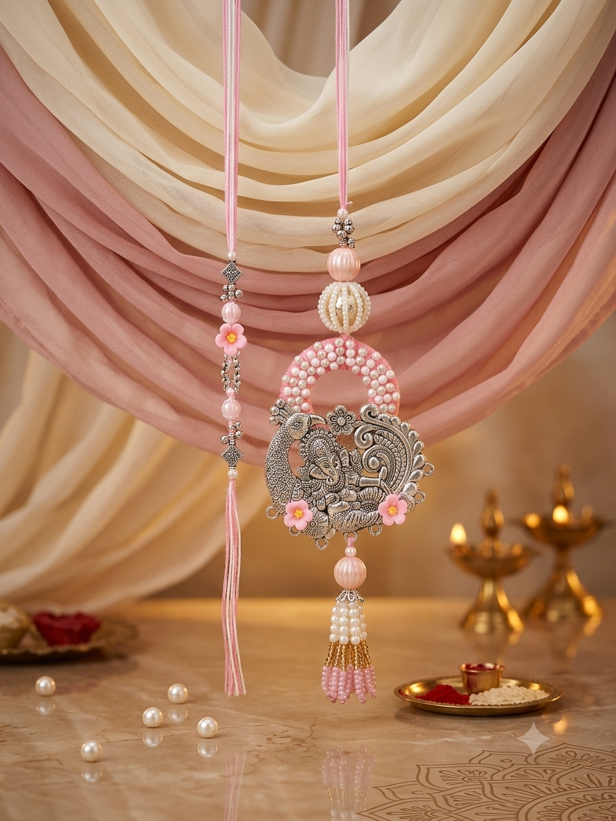 Oxidised Ganesha Bhaiya Bhabhi Rakhi Set – Pink Pearl & Silver