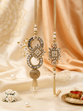 Mirror Work Kundan Bhaiya Bhabhi Rakhi Set – Gold Pearl & White Floral