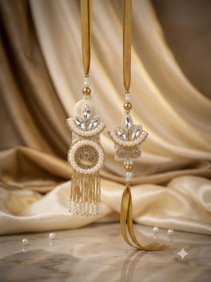 Crystal Pearl Bhaiya Bhabhi Rakhi Set – Ivory Gold & Diamond Shine