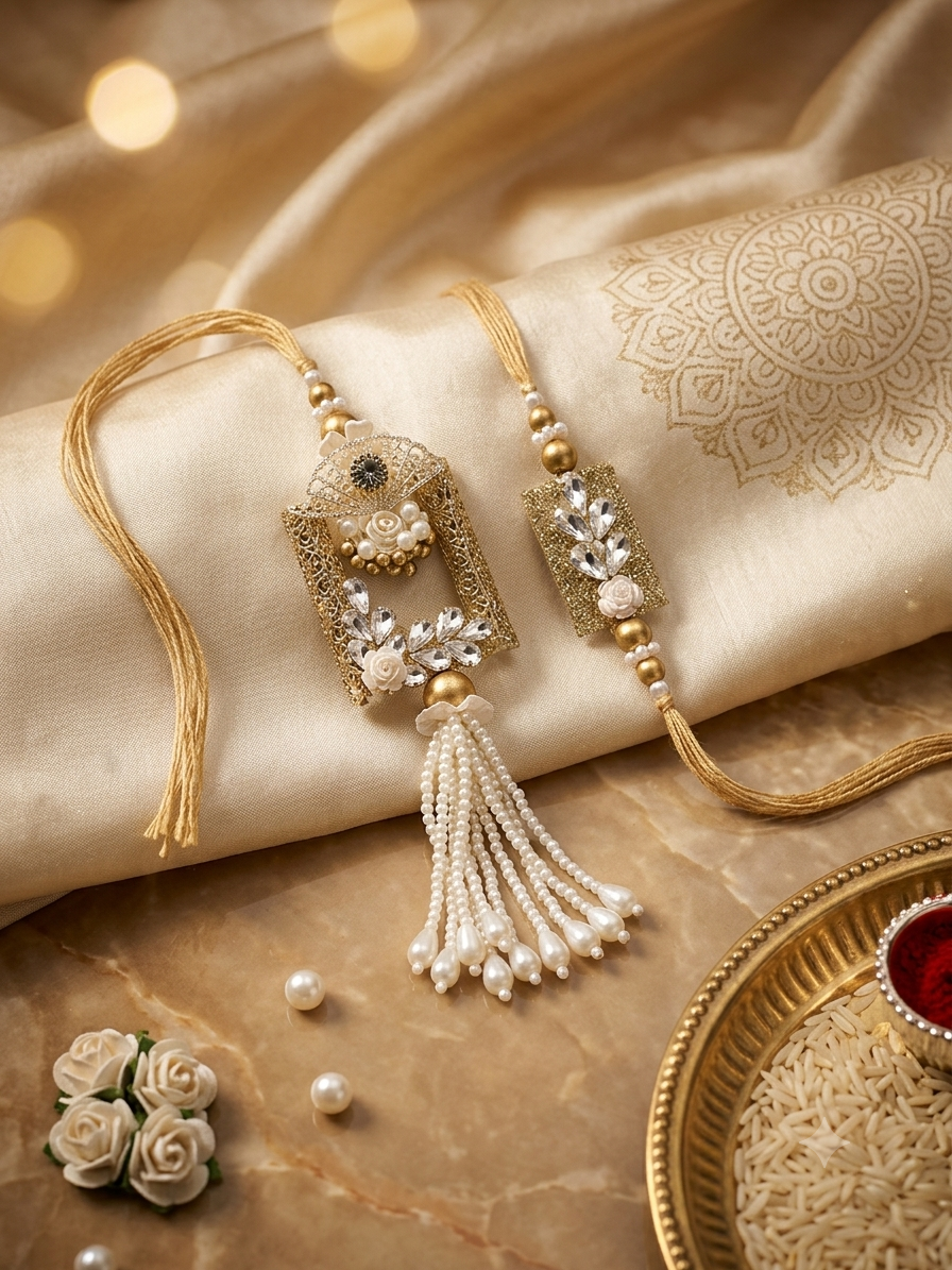 Gold Filigree Rose Bhaiya Bhabhi Rakhi Set – Pearl Tassel & Crystal