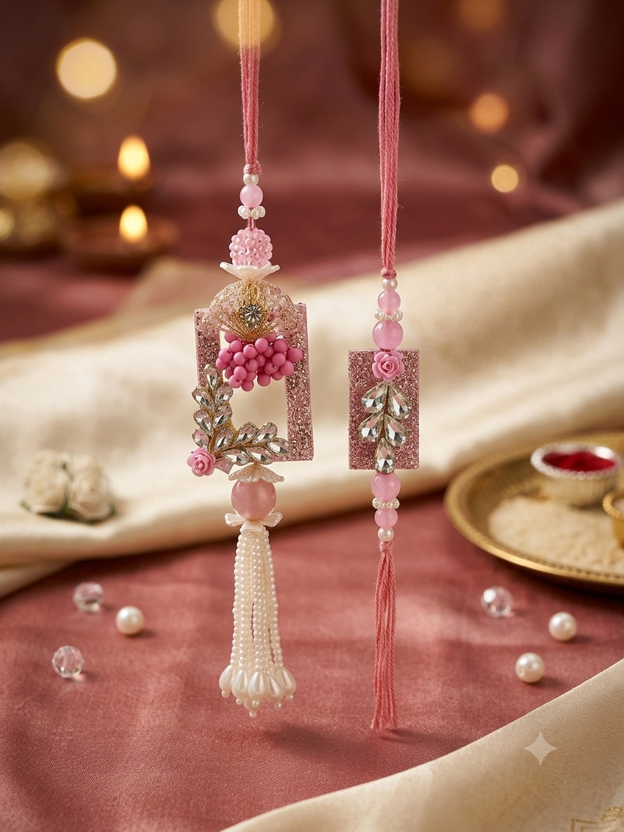 Pink Floral Beaded Rakhi Lumba Set