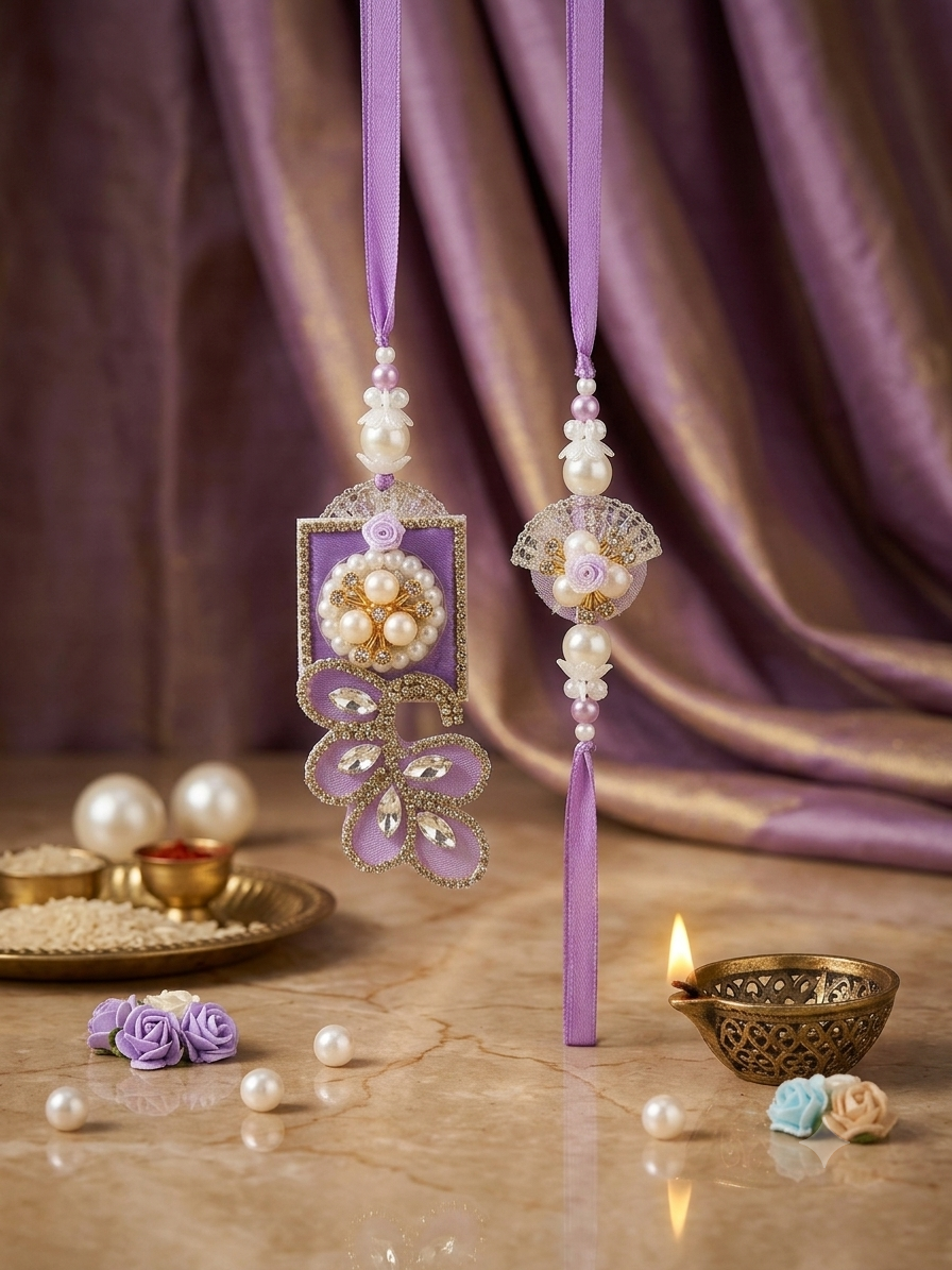 Purple Pearl & Rhinestone Rakhi Lumba Set