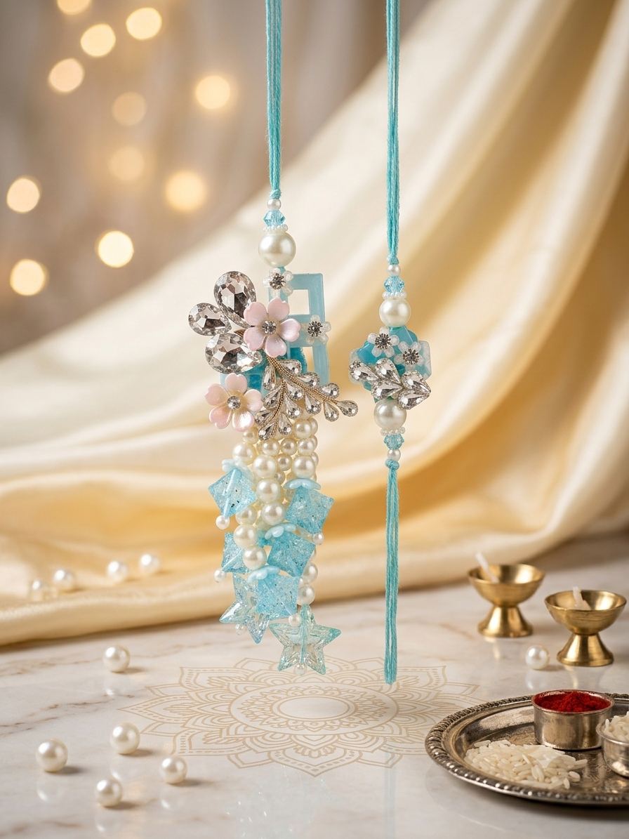 Blue Floral Pearl Designer Rakhi Lumba Set