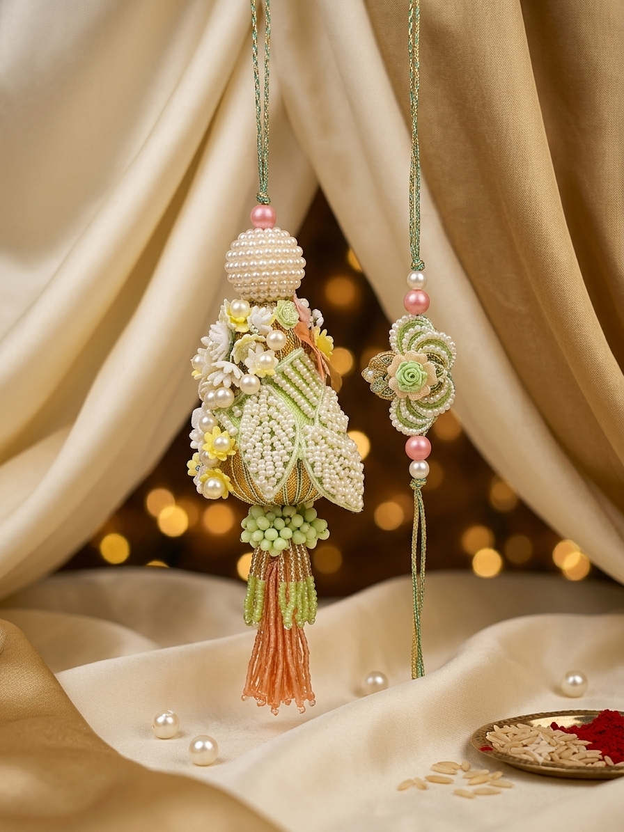 Pearl & Floral Beaded Rakhi Lumba Set