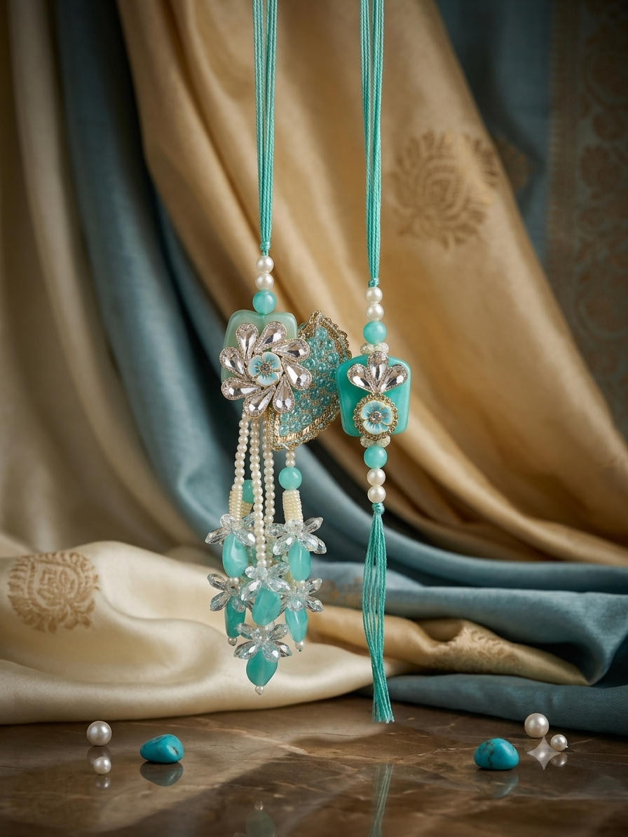 Turquoise Crystal & Pearl Designer Rakhi Lumba Set