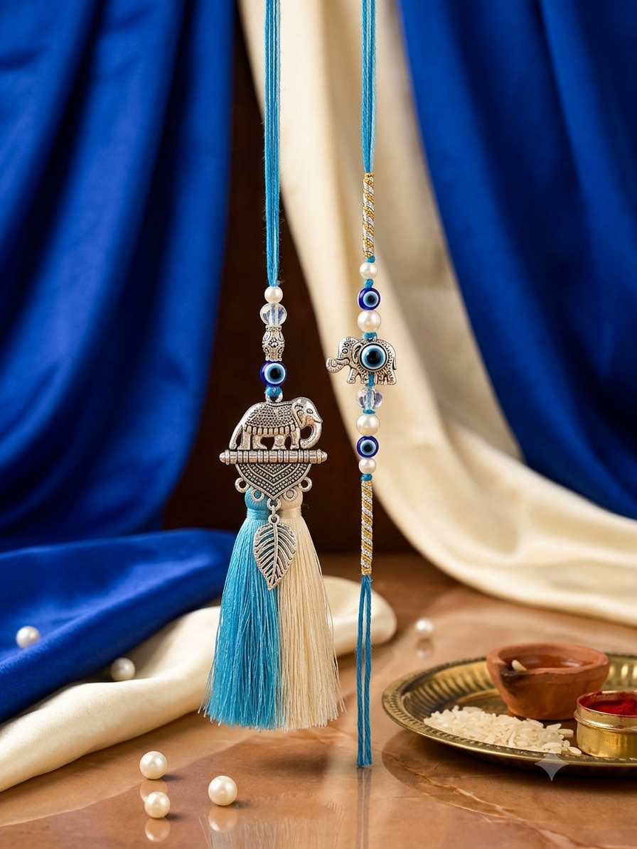 Oxidised Elephant Evil Eye Bhai Bhabhi Rakhi Set with Blue & Cream Tassels