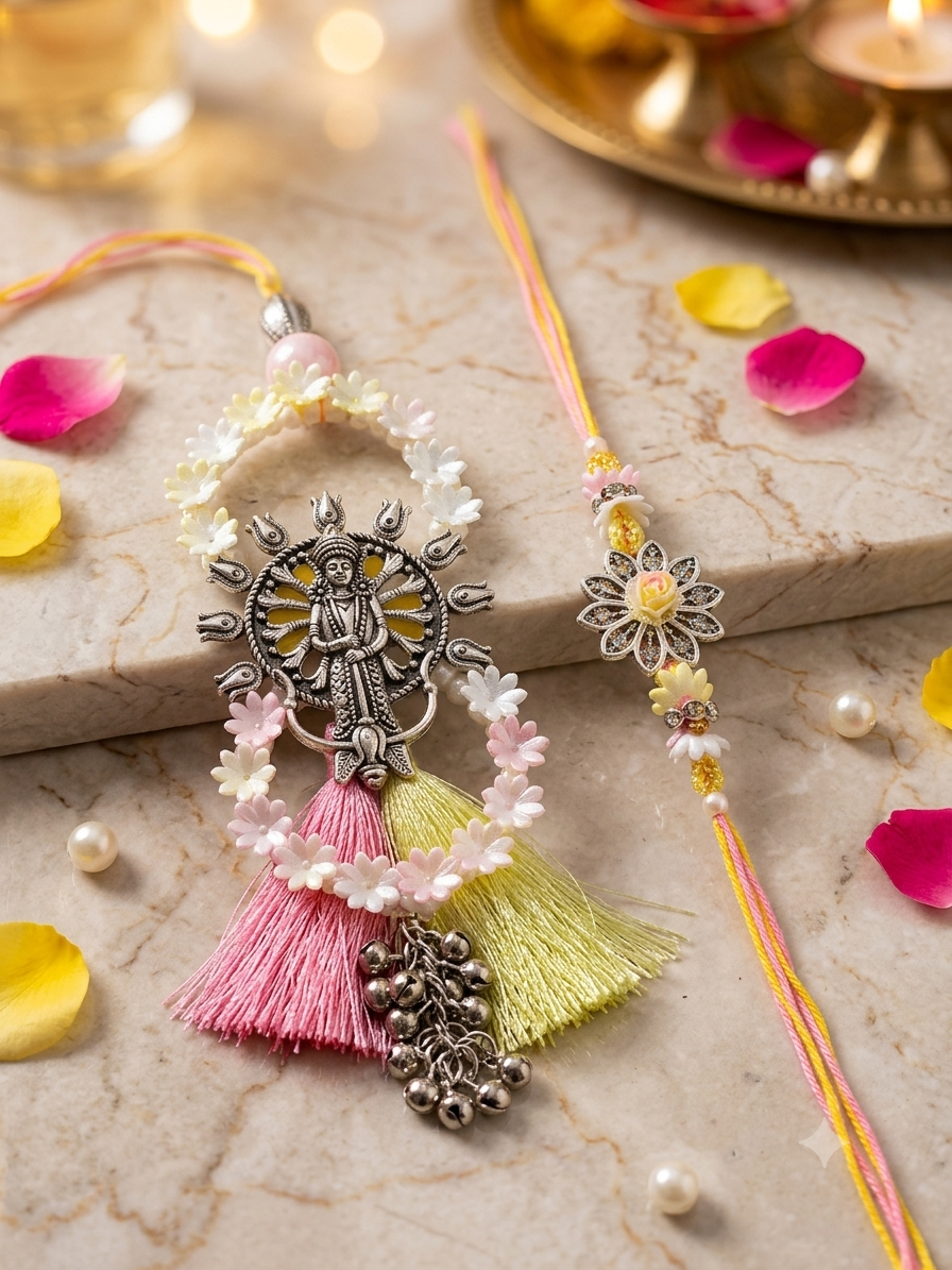 Oxidised Durga Maa Bhai Bhabhi Rakhi Set with Floral Tassels & Ghungroo