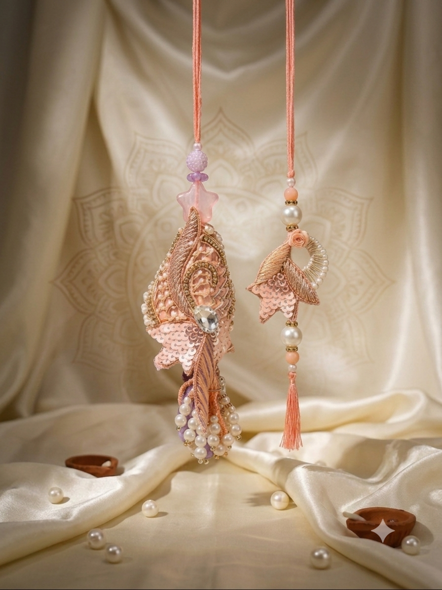Peach Sequin Bhai Bhabhi Rakhi Set with Pearl Drops & Rose Motif