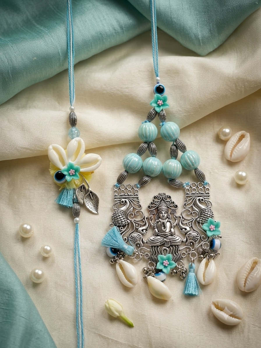 Oxidised Lakshmi Maa Bhai Bhabhi Rakhi Set with Cowrie Shells & Mint Blue Beads