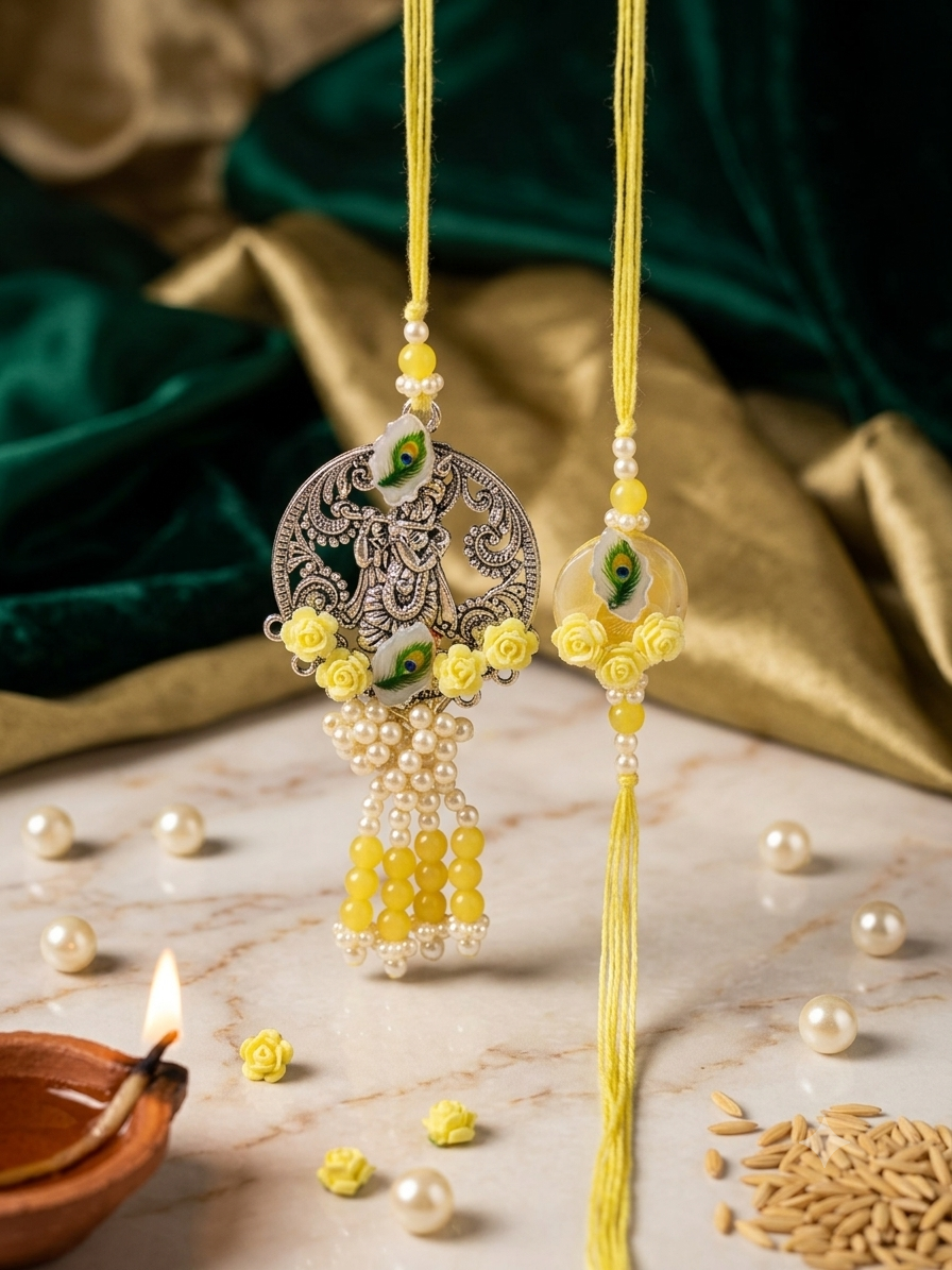 Oxidised Krishna Peacock Feather Bhai Bhabhi Rakhi Set with Yellow Roses & Pearl Drops