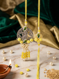 Oxidised Krishna Peacock Feather Bhai Bhabhi Rakhi Set with Yellow Roses & Pearl Drops