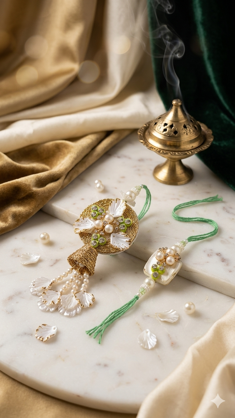Gold Zari Shell Flower Bhabhi Lumba & Bhaiya Rakhi Set with Pearl & Green Thread