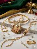 Gold Peacock Kundan Bhabhi Lumba & Bhaiya Rakhi Set with Pearl Clusters
