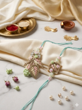 Pastel Gold Leaf & Floral Bhaiya Rakhi & Bhabhi Lumba Set with Mint Blue Thread