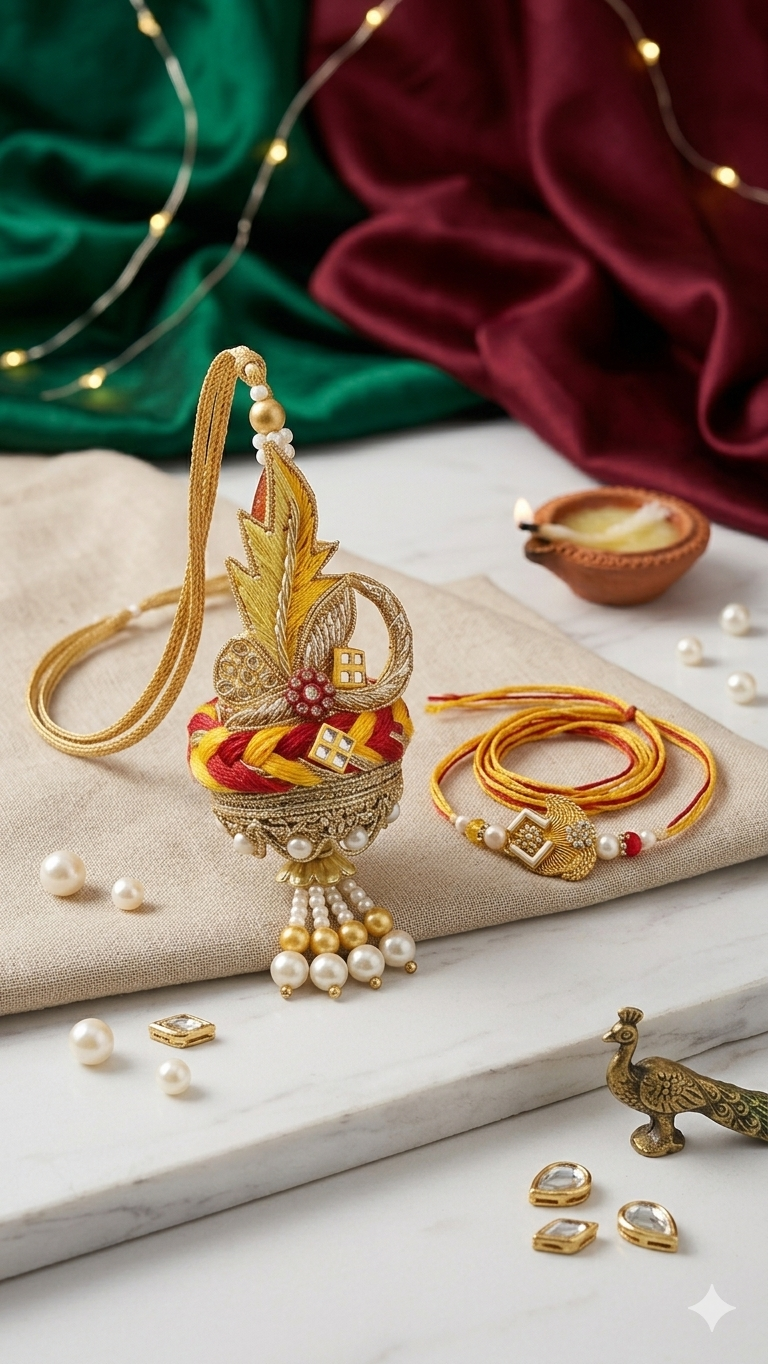 Gold Zari Kalash Bhaiya Rakhi & Bhabhi Lumba Set with Pearl Drops