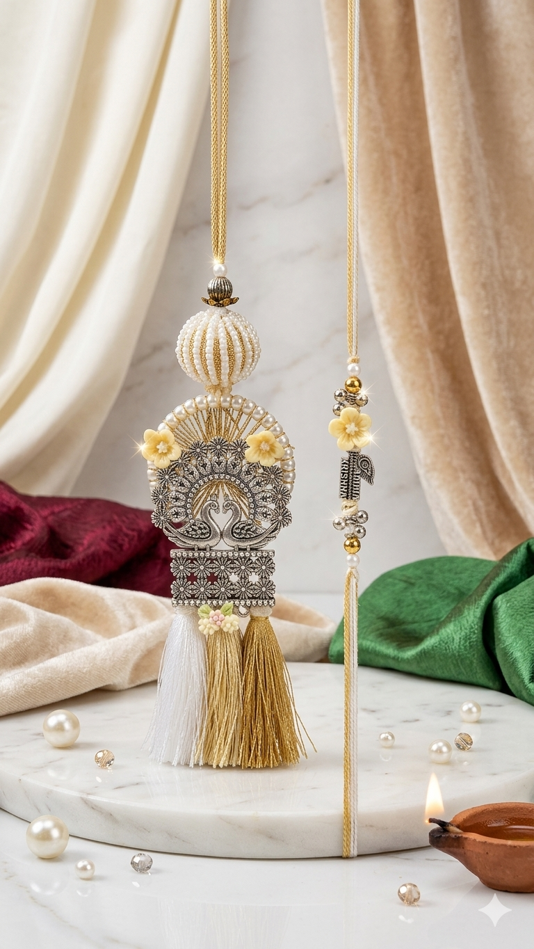 Oxidised Peacock Bhaiya Rakhi & Bhabhi LumbaSet with White & Gold Tassels