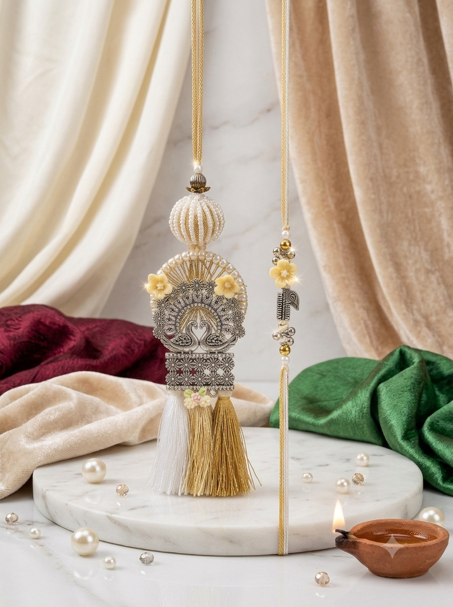 Oxidised Peacock Bhaiya Rakhi & Bhabhi LumbaSet with White & Gold Tassels