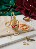 Gold Zari Kalash Bhaiya Rakhi & Bhabhi Lumba Set with Pearl Drops