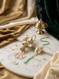Gold Zari Shell Flower Bhabhi Lumba & Bhaiya Rakhi Set with Pearl & Green Thread